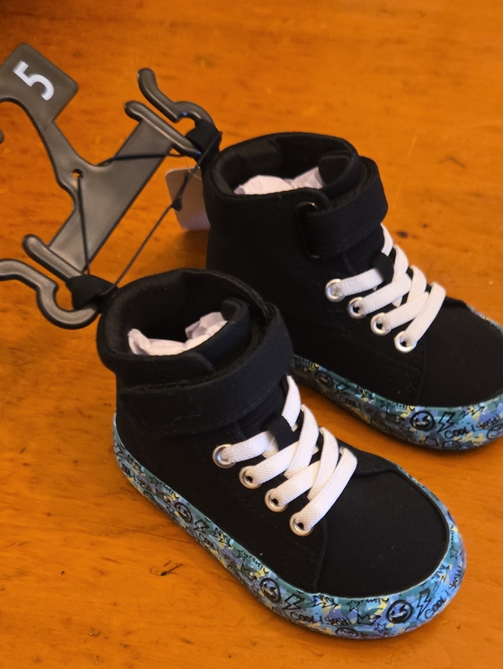 Kids Black High-Top Sneakers with Blue Patterned Sole
